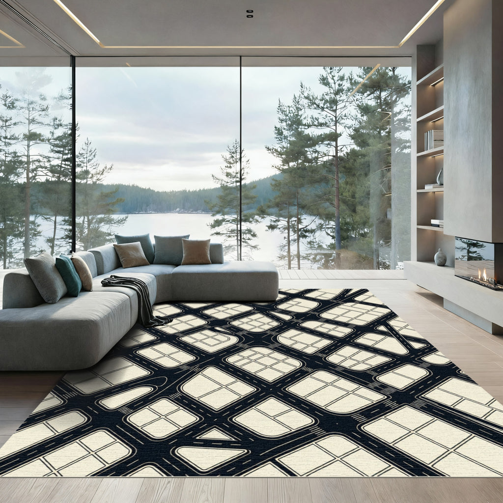 Minimalist Black and Cream Geometric Grid Rug
