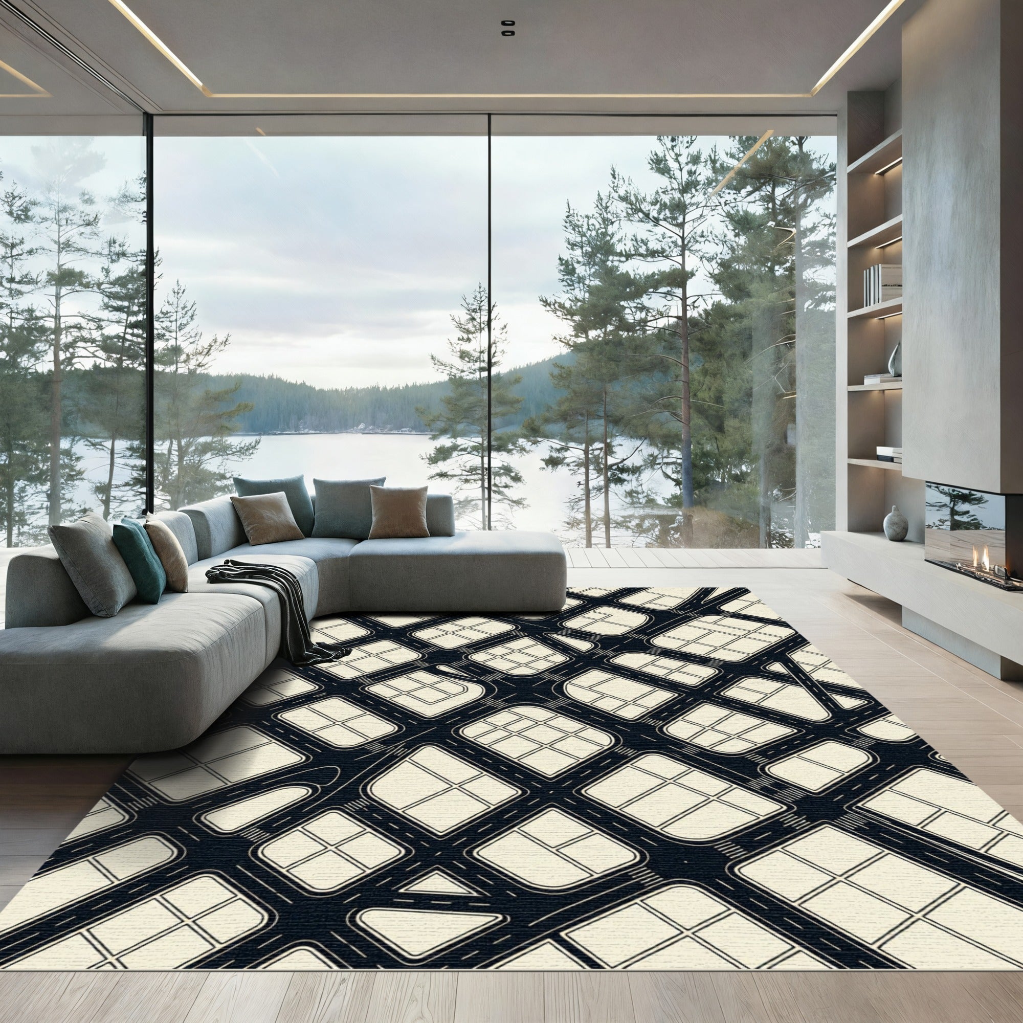 Minimalist Black and Cream Geometric Grid Rug