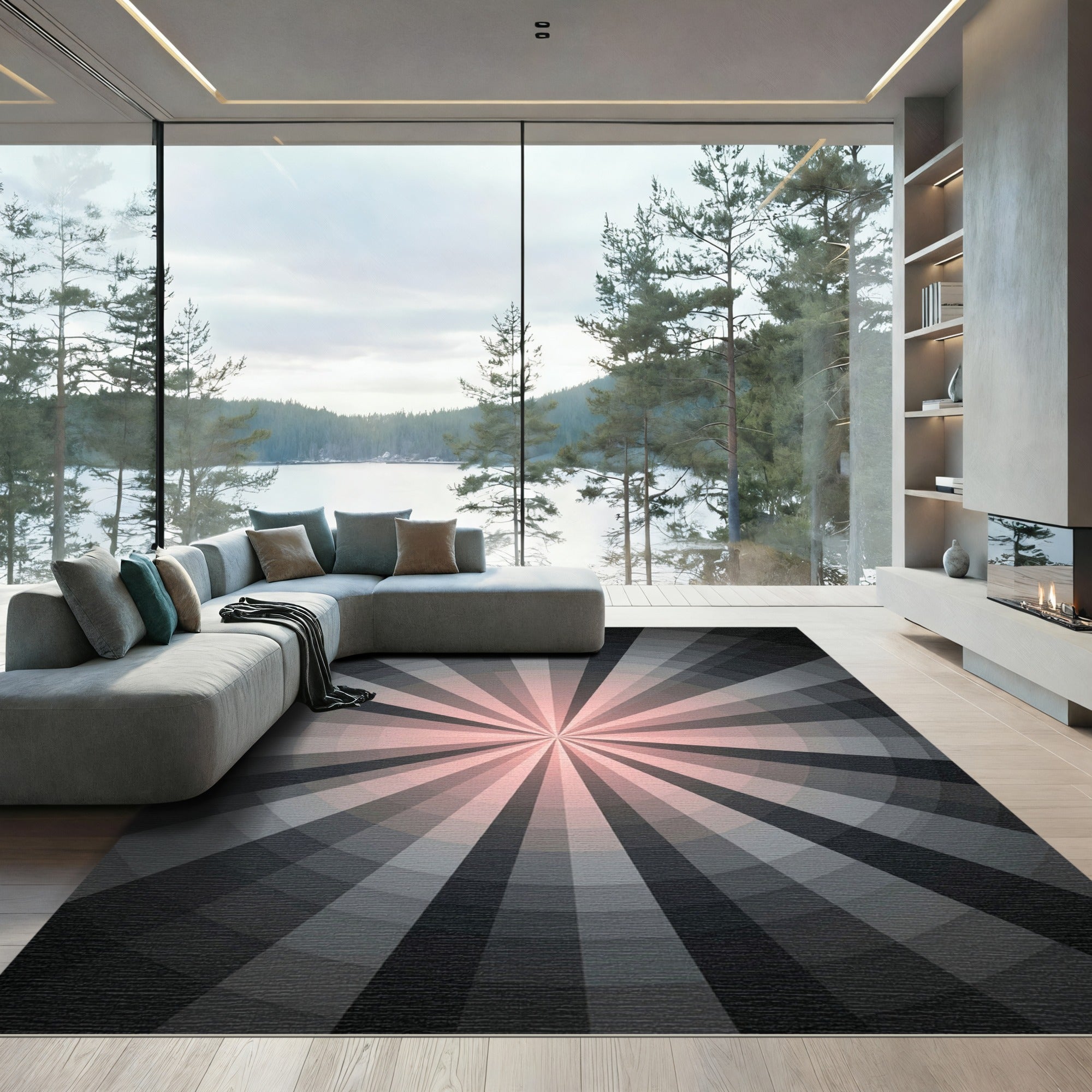 Soft Pink Grayscale Sunburst Rug