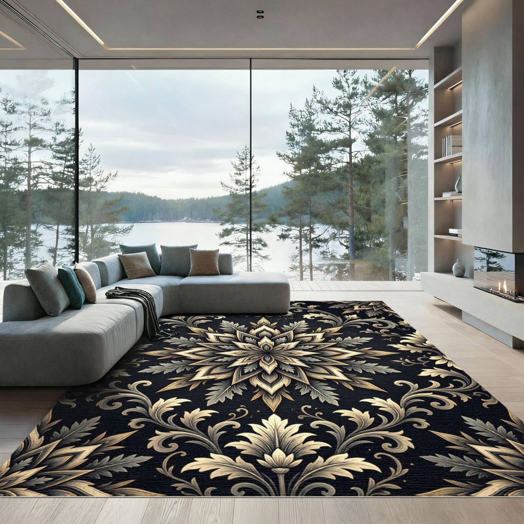 Ornate Gold Leaf Floral Mandala Rug
