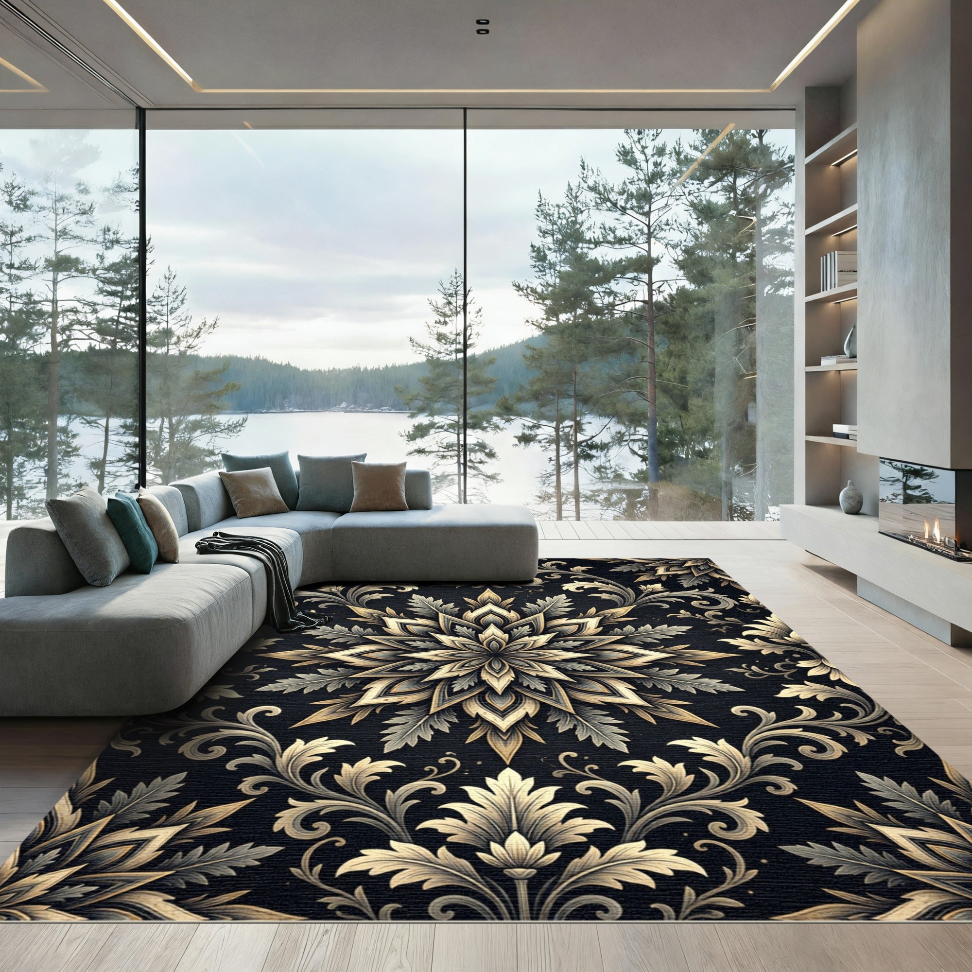 Ornate Gold Leaf Floral Mandala Rug