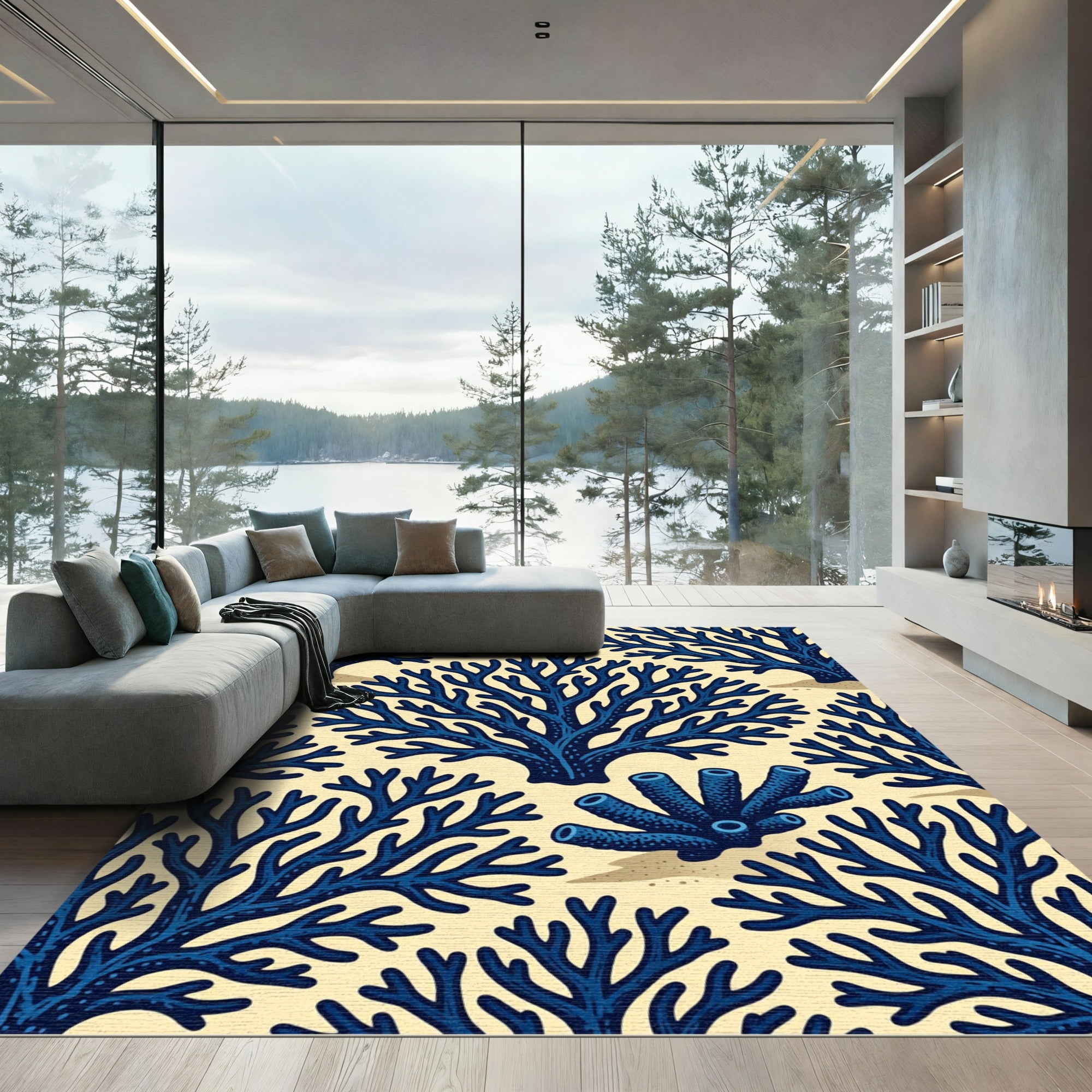 Deep Blue Coral Reef Underwater Illustration Rug
