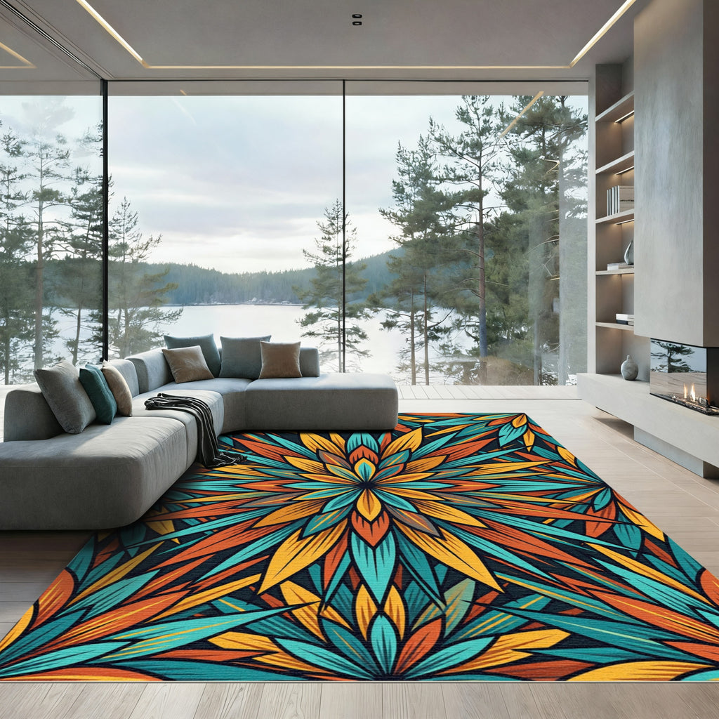 Vibrant Teal and Orange Lotus Burst Rug