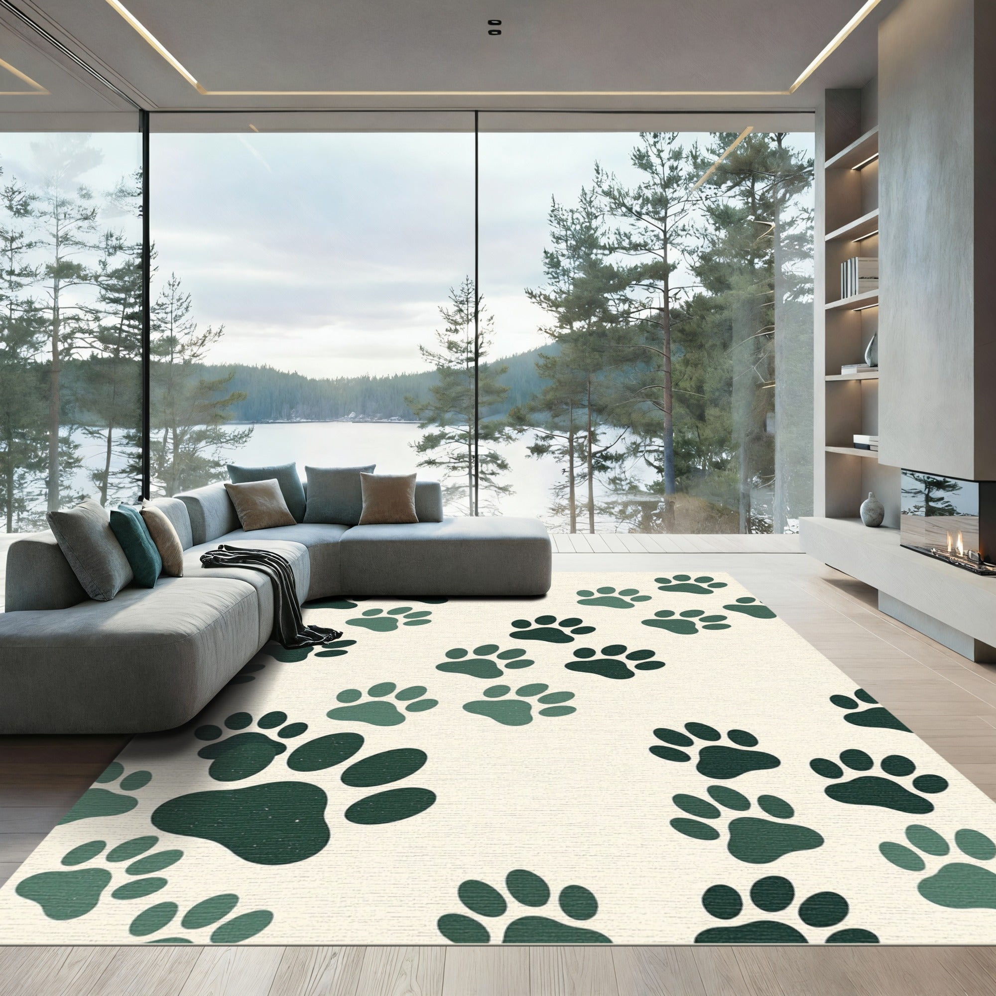 Olive Green Forest Paw Prints Rug