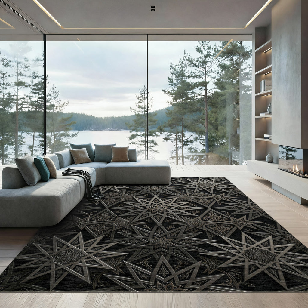 Antique Black Starburst Geometric Rug