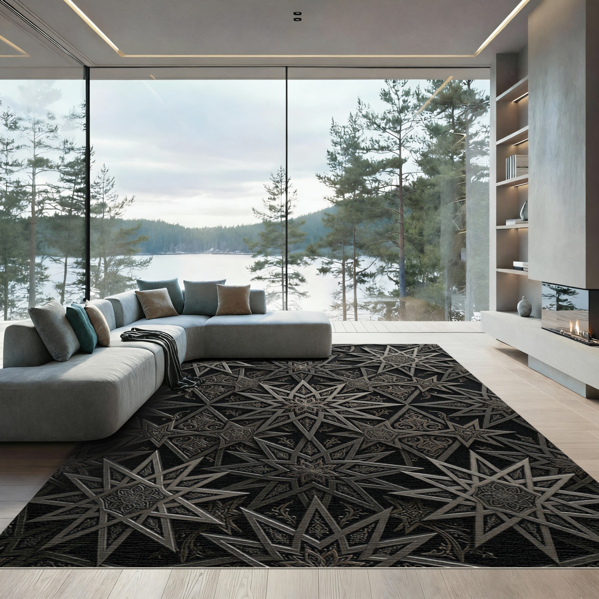 Antique Black Starburst Geometric Rug