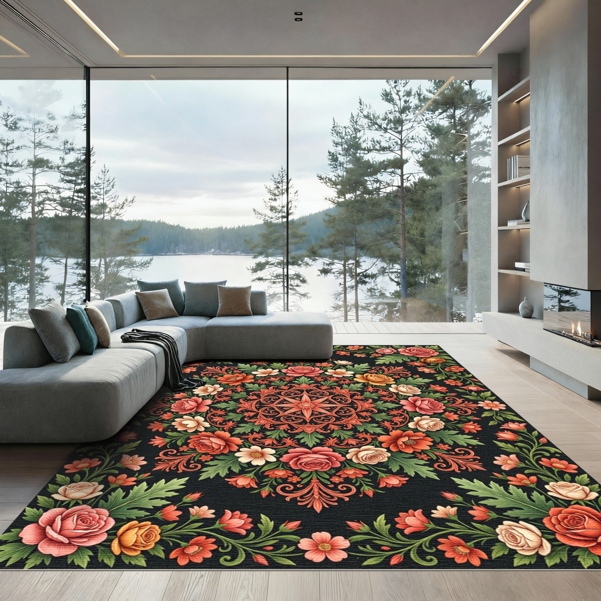Ornate Floral Medallion Rose Garden Rug