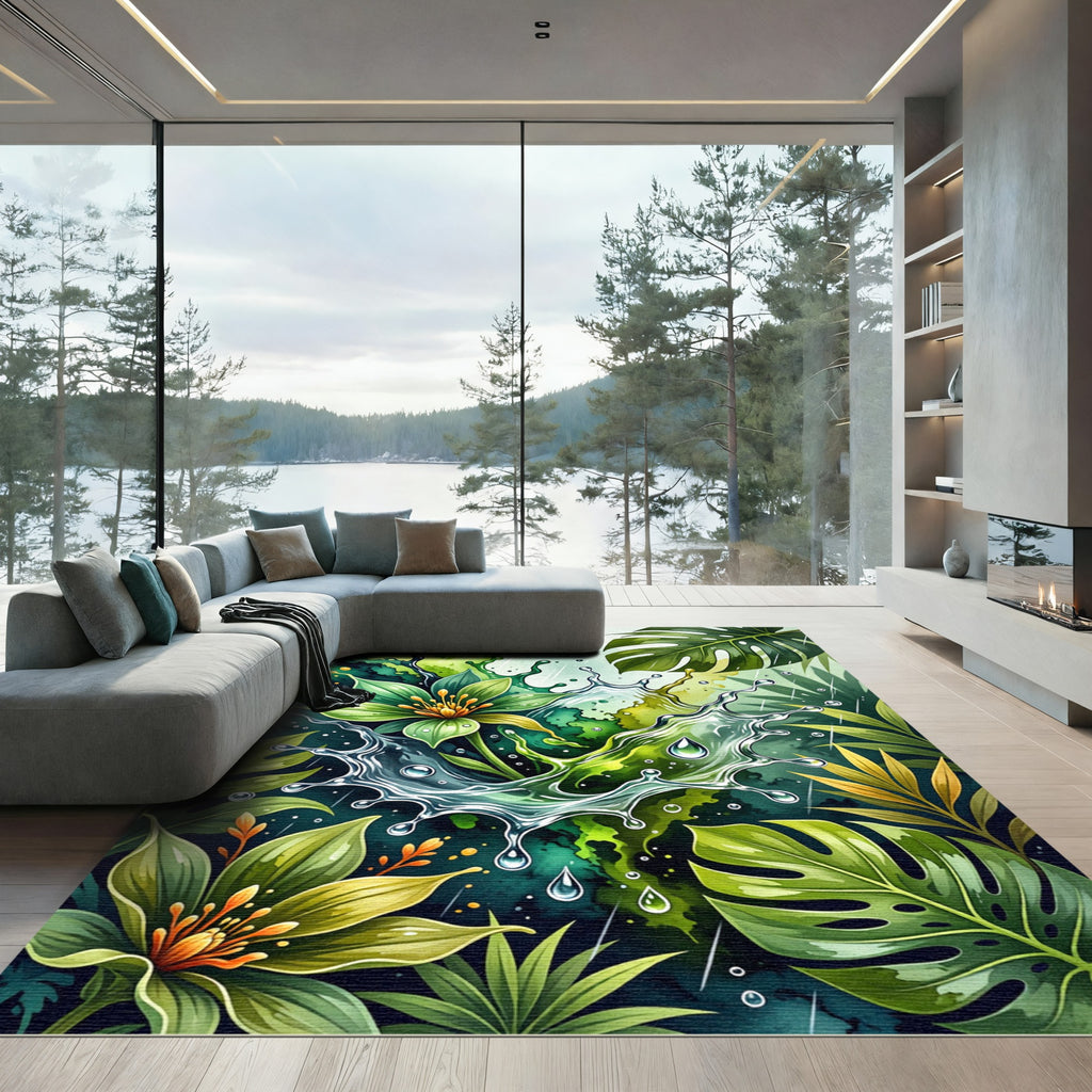 Vibrant Green Jungle Rain Splash Rug