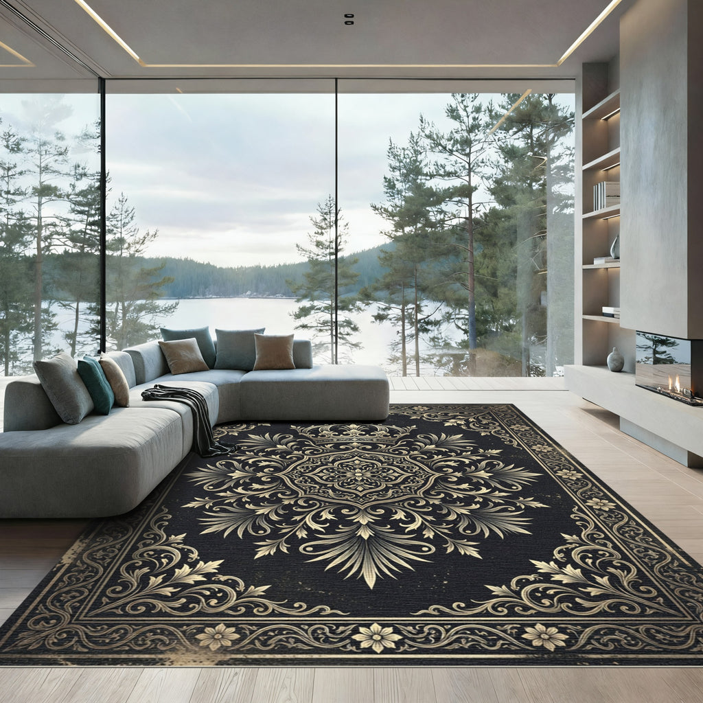Royal Gold Crown Floral Damask Medallion Rug