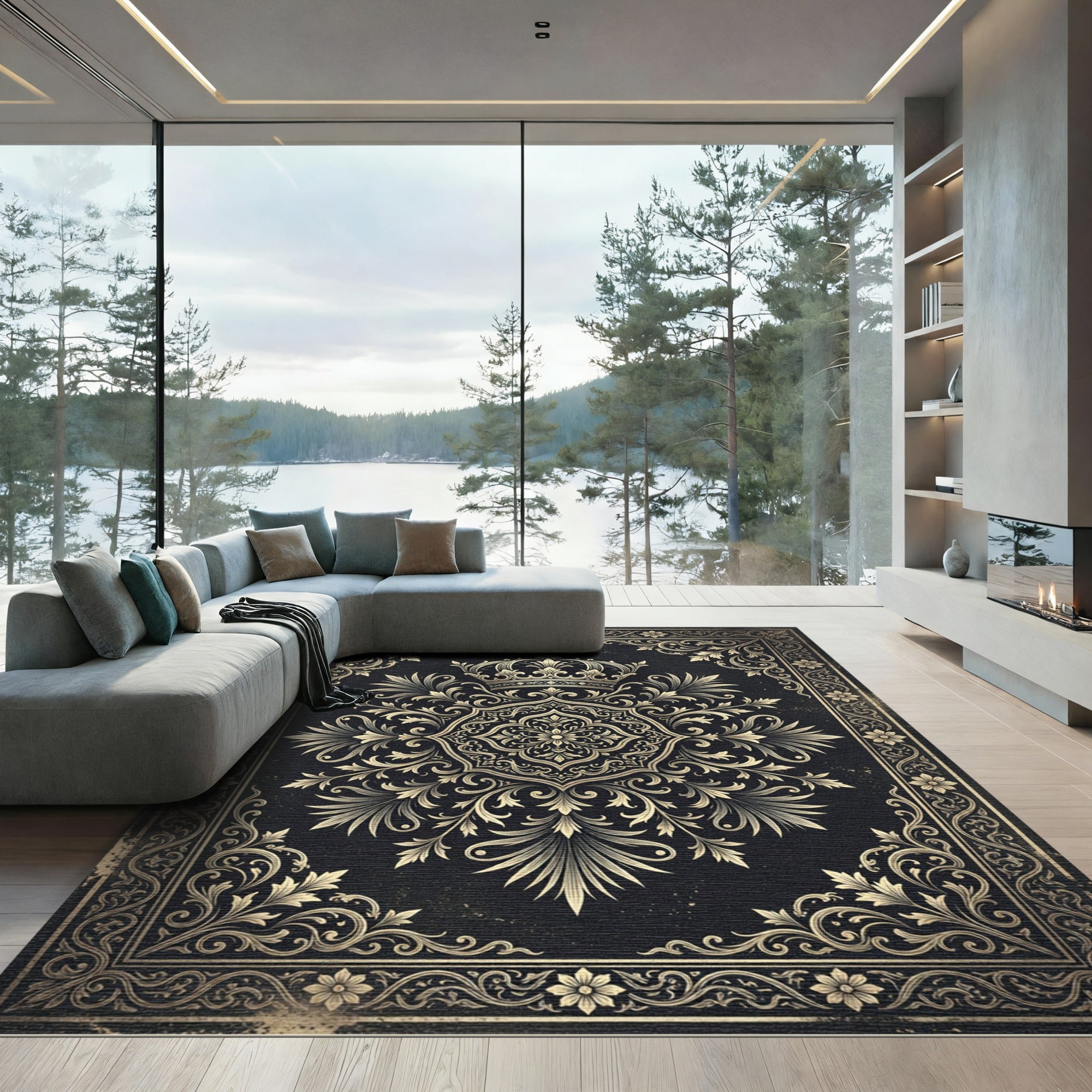 Royal Gold Crown Floral Damask Medallion Rug