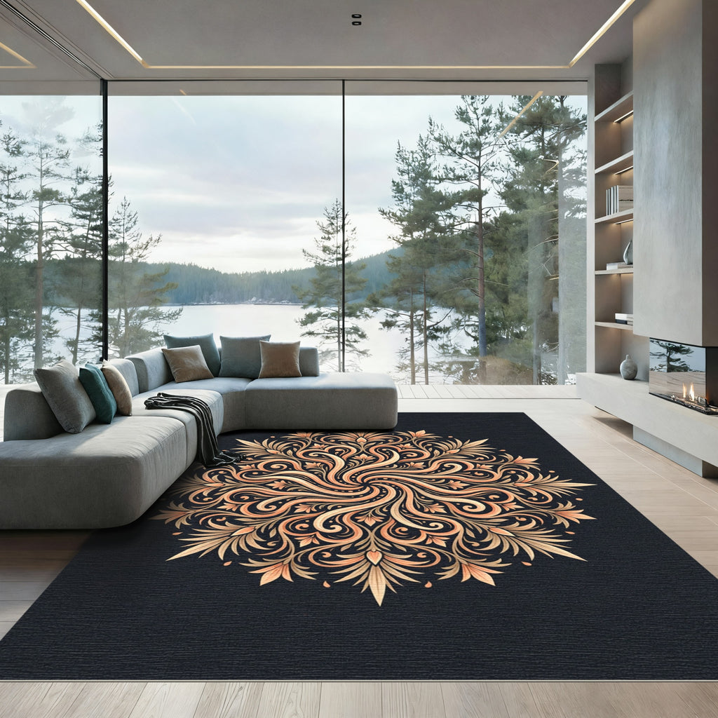 Golden Peach Floral Mandala Radial Design Rug