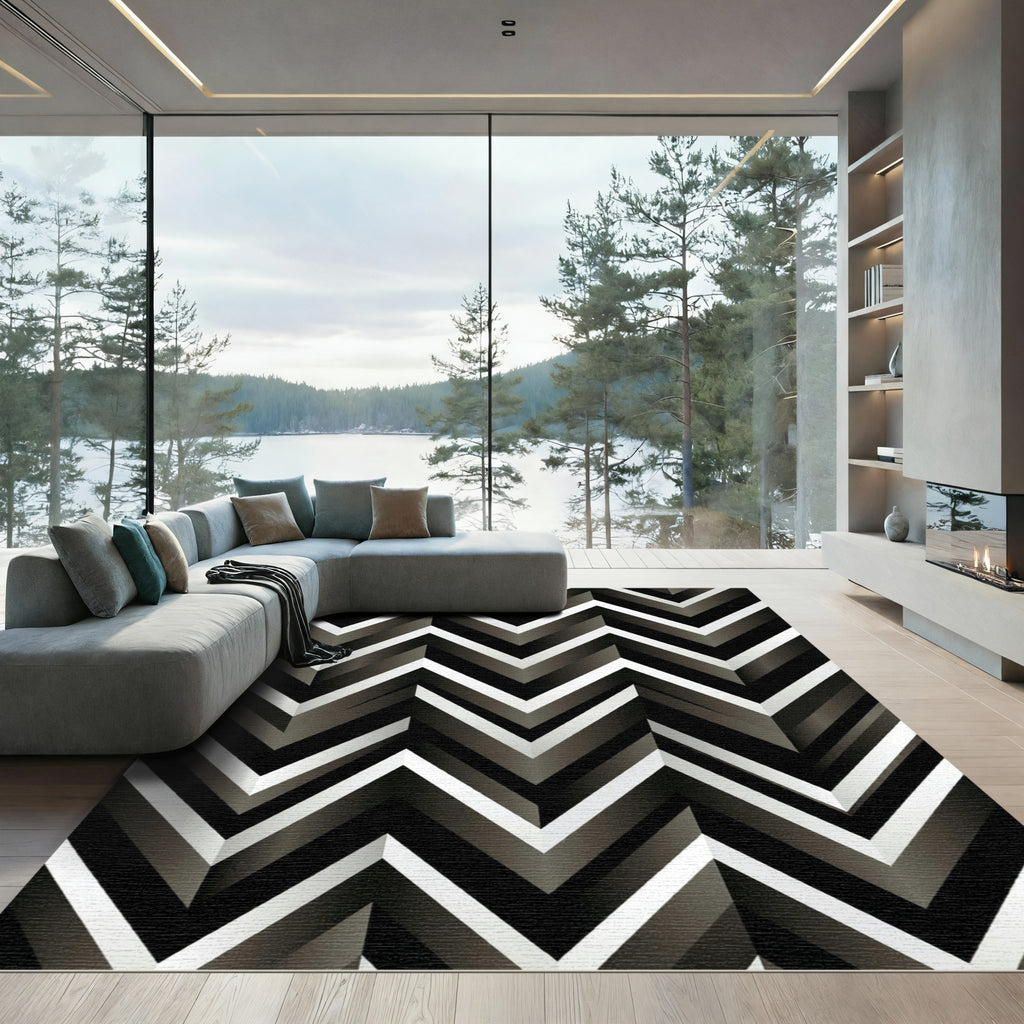 Monochrome Chevron Geometric Stripe Rug