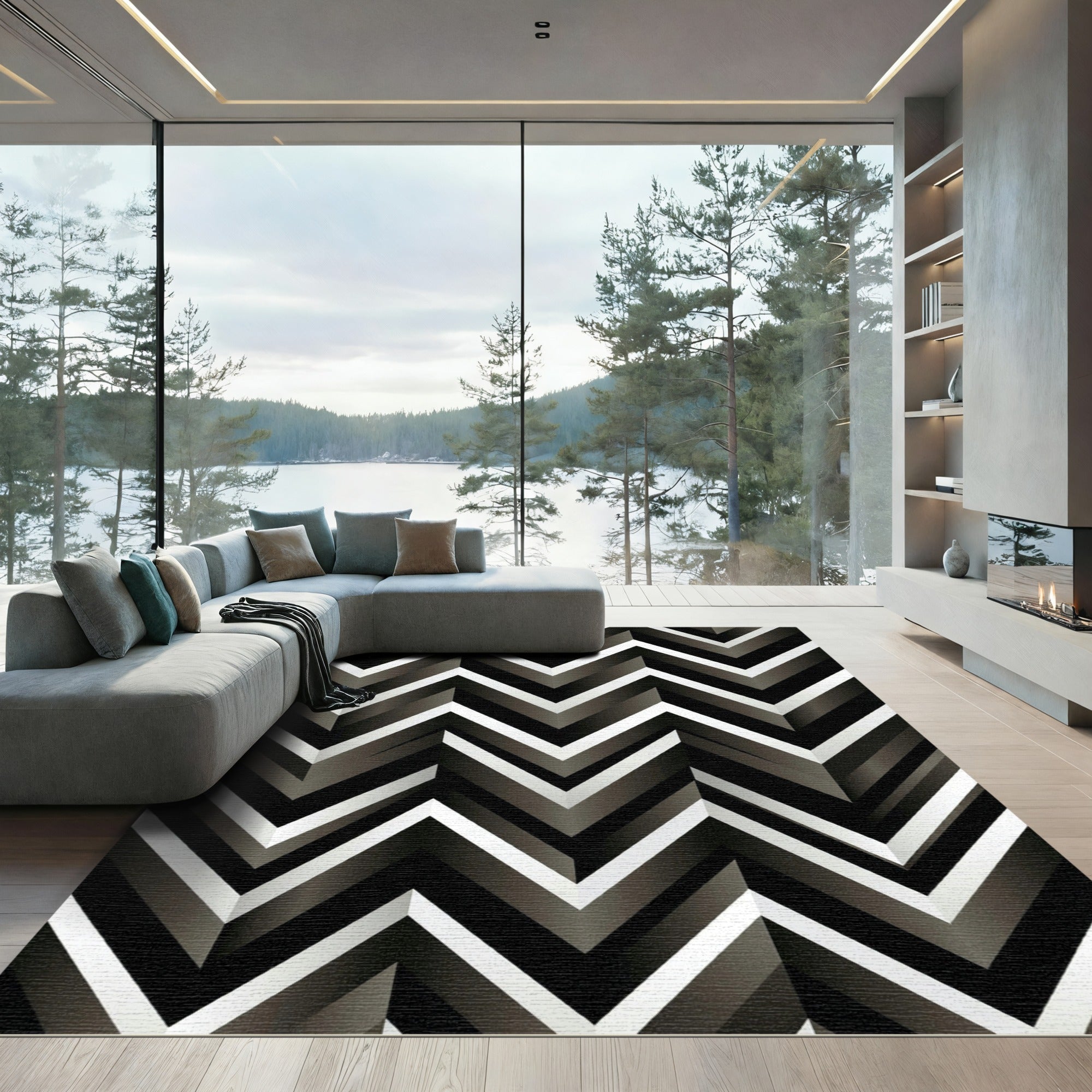 Monochrome Chevron Geometric Stripe Rug