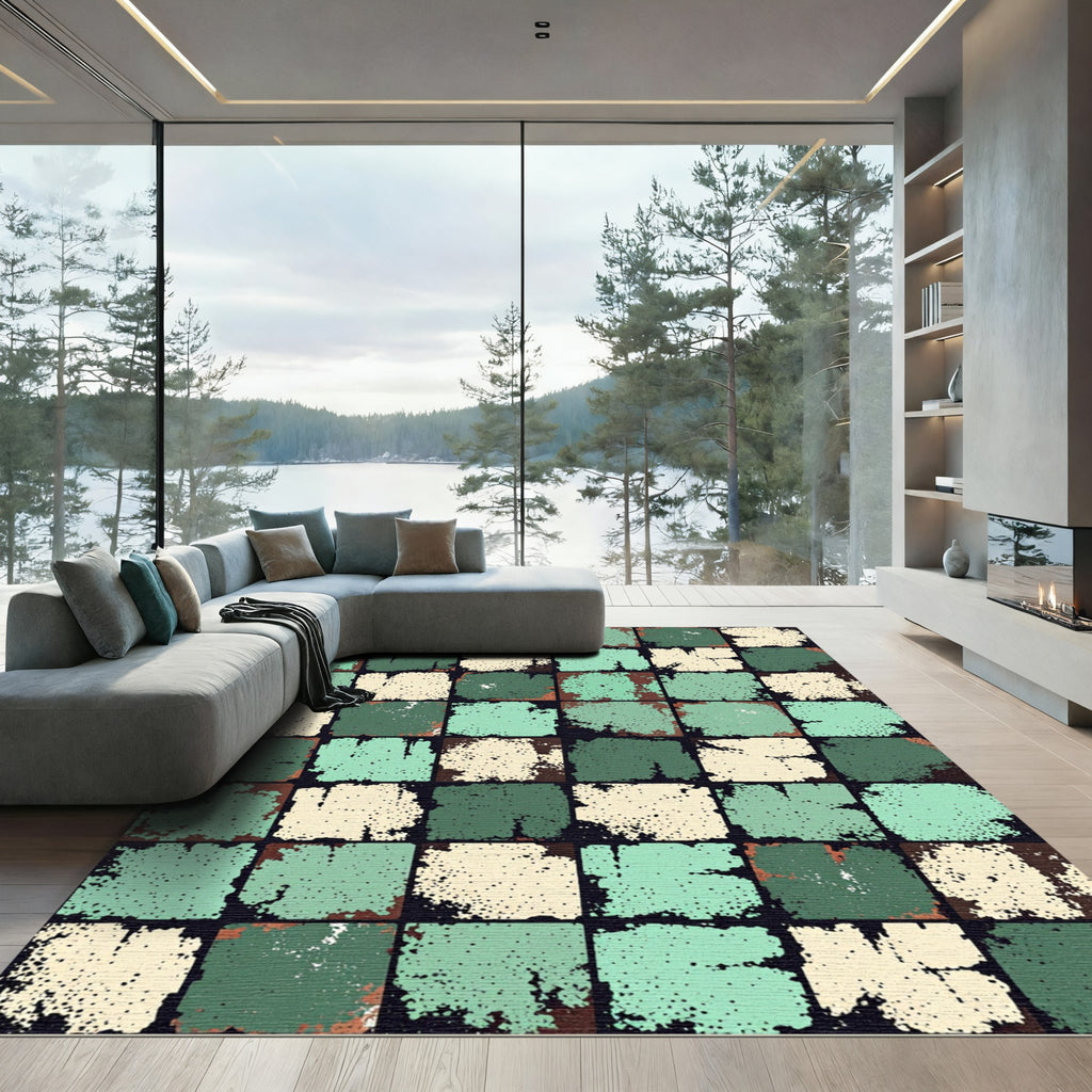 Distressed Patchwork Slate Teal Cream Rug