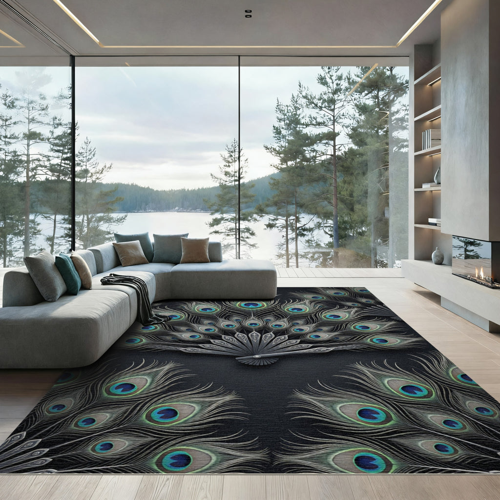 Elegant Peacock Feather Fan Rug