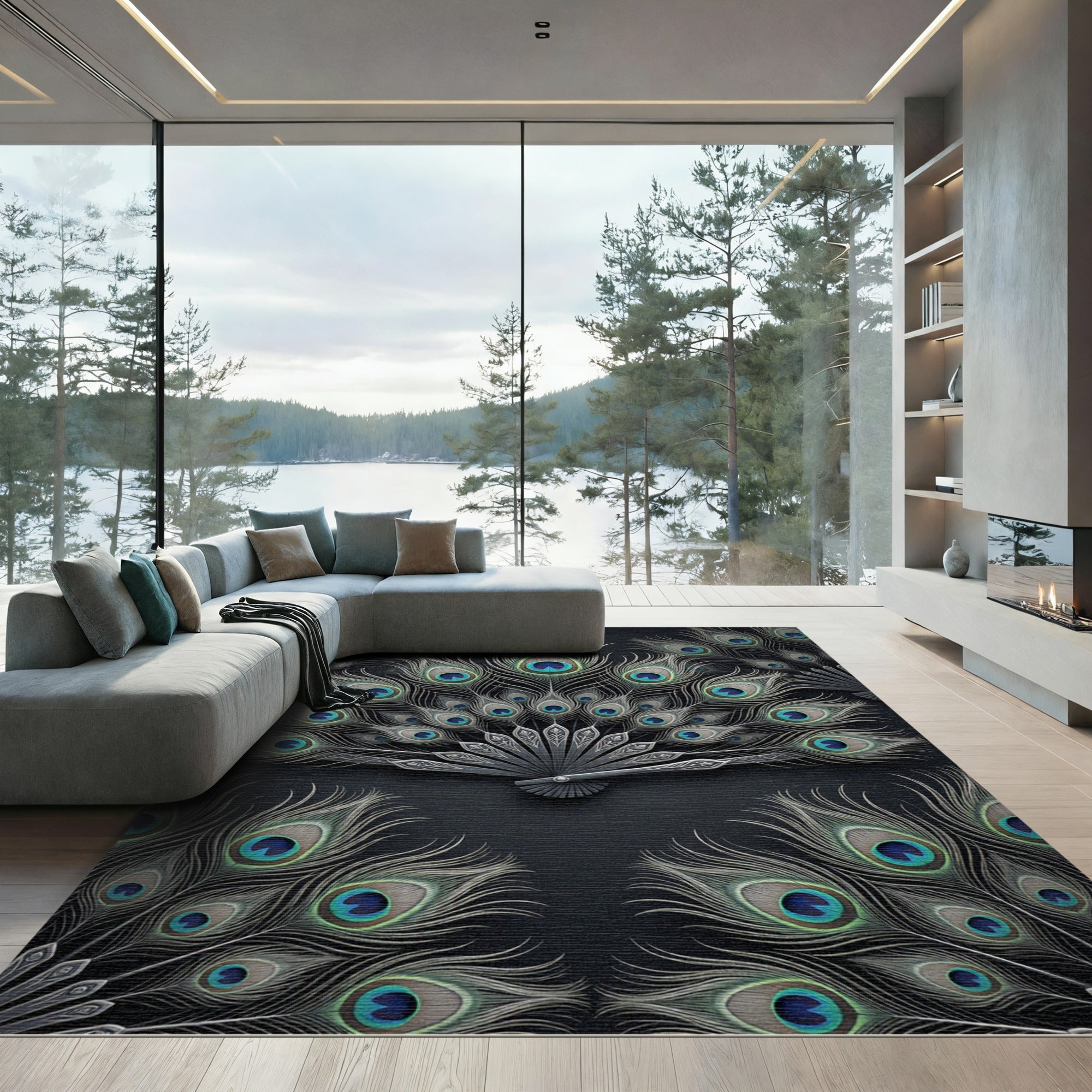 Elegant Peacock Feather Fan Rug