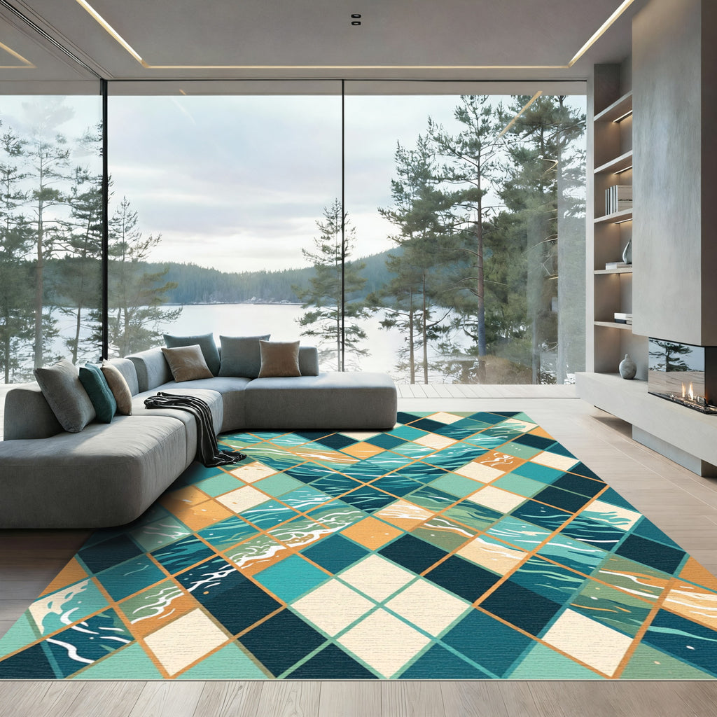 Teal and Gold Geometric Argyle Wave Rug