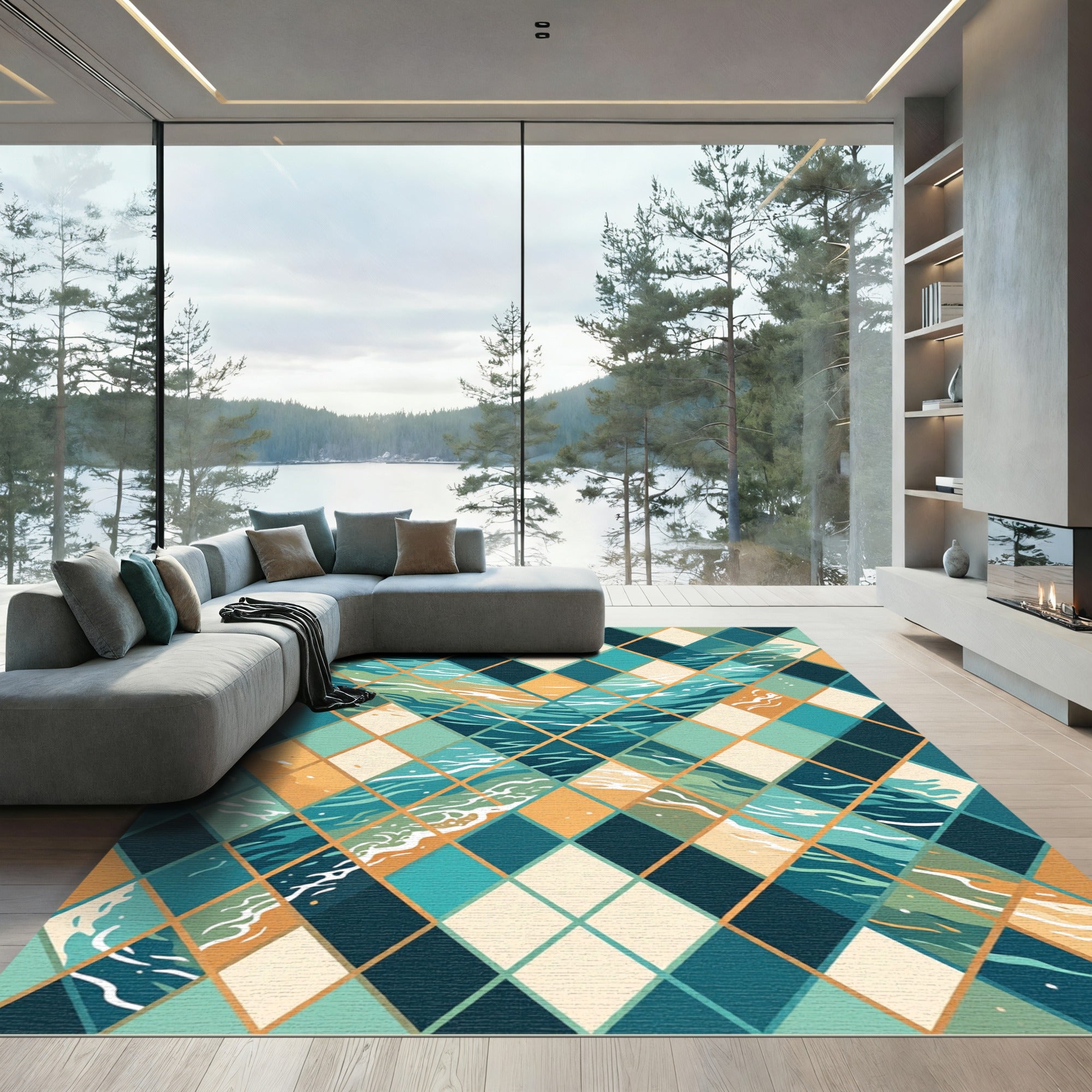 Teal and Gold Geometric Argyle Wave Rug