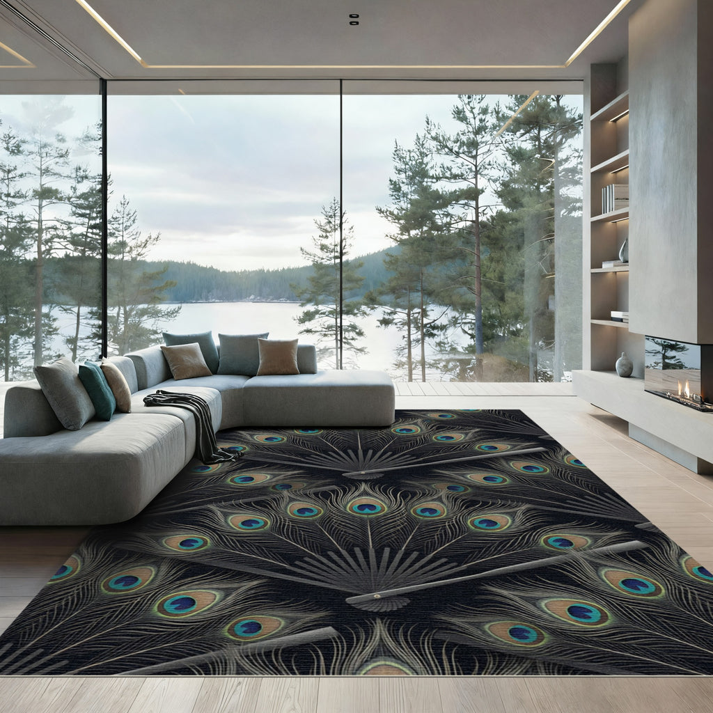 Black Peacock Feather Fan Repeating Rug