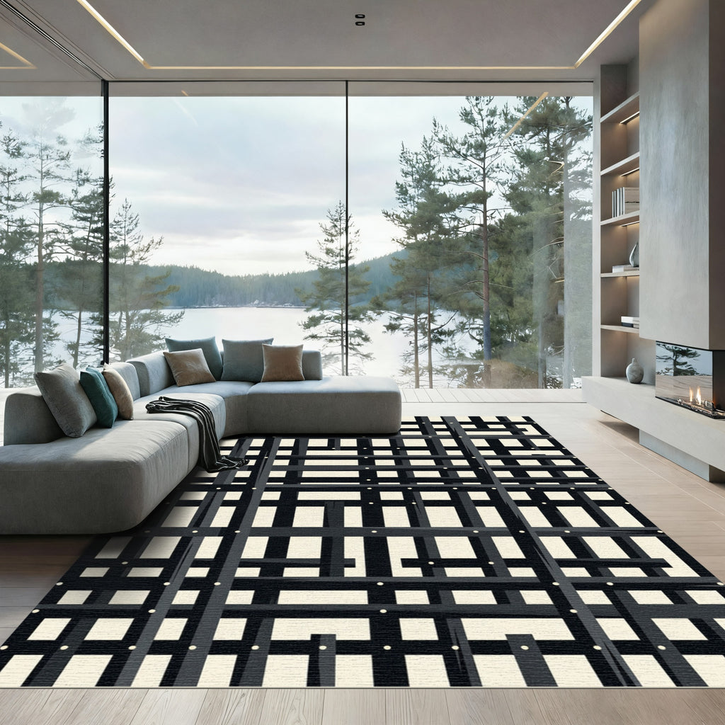 Black Ivory Intersecting Grid Rug