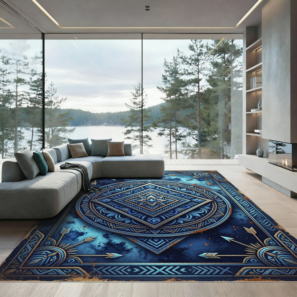 Celestial Sapphire Ornate Geometric Mandala Rug