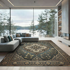 Antique Teal Golden Floral Medallion Rug