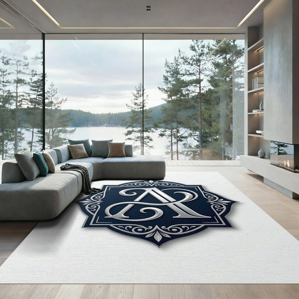 Ornate Navy Silver Monogram Emblem Rug