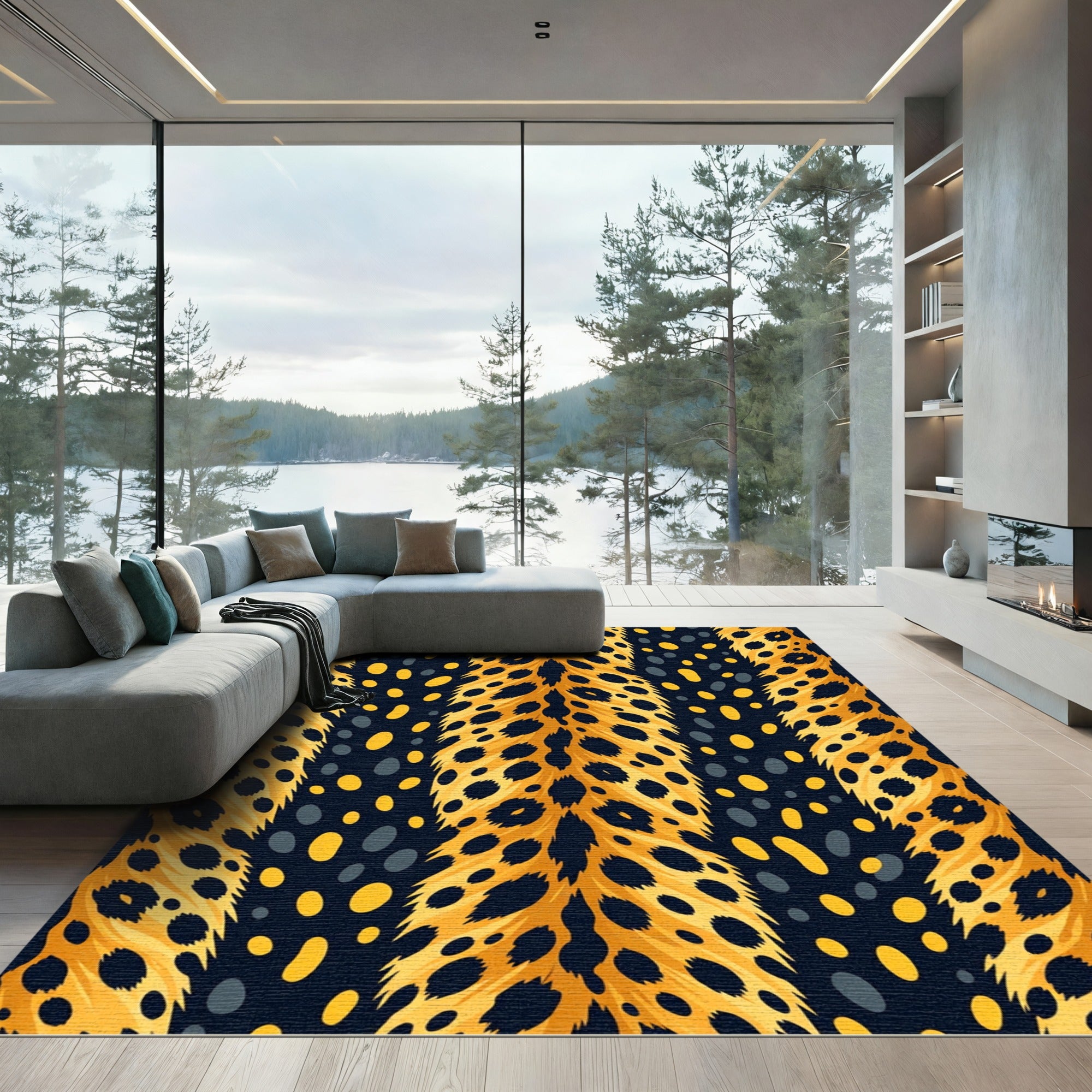 Golden Animal Spots with Navy Vertical Stripes Rug