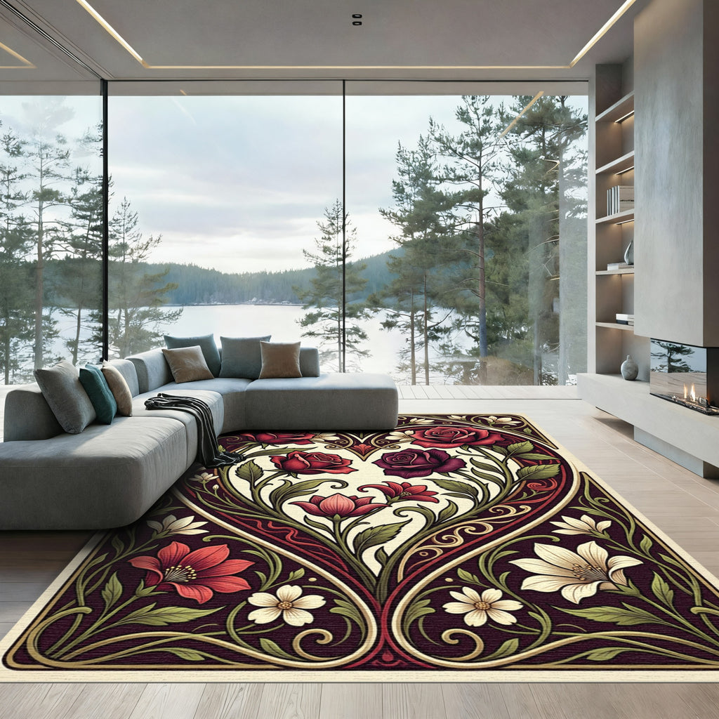 Elegant Romantic Rose Heart Floral Art Rug