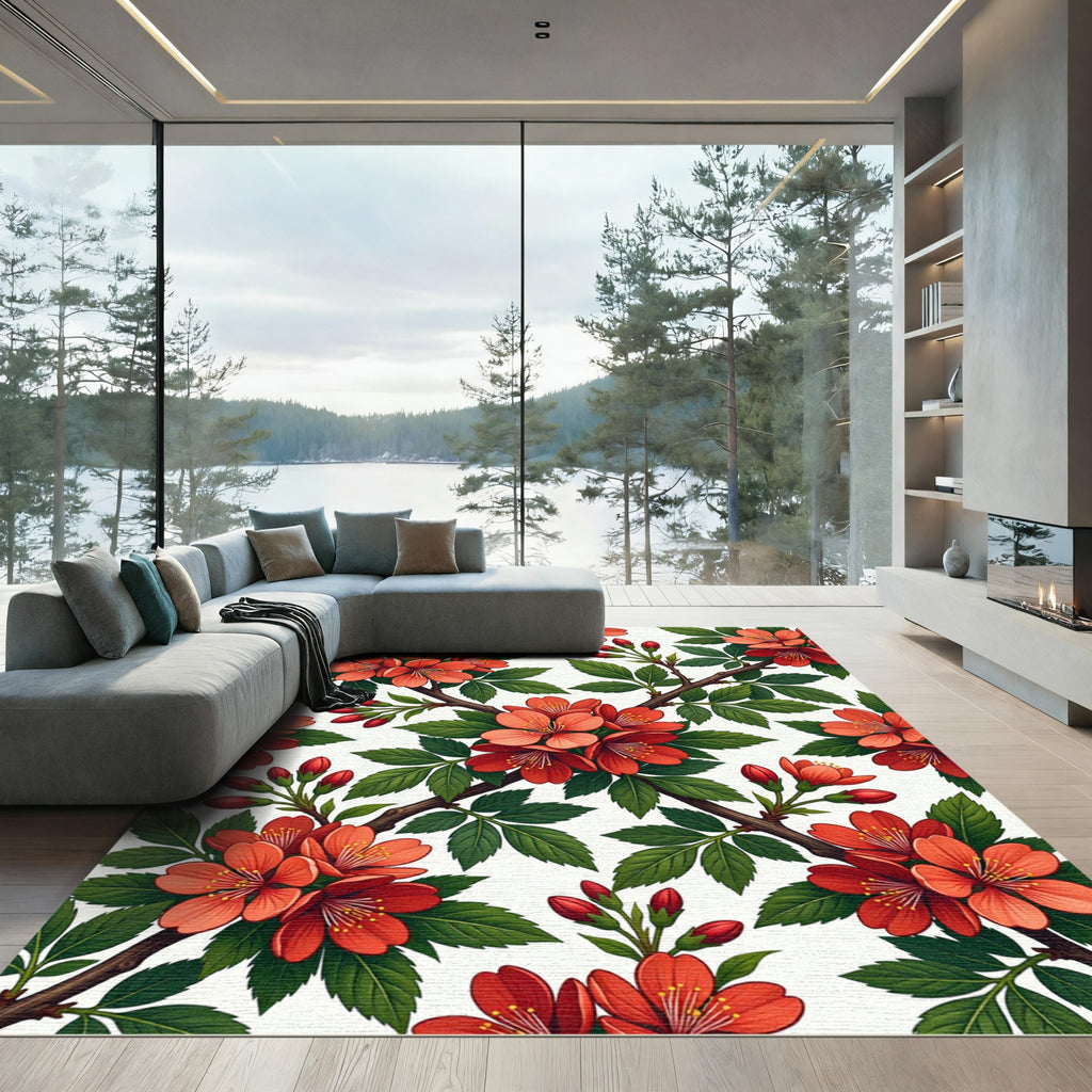 Vibrant Coral Branch Blossom Garden Rug