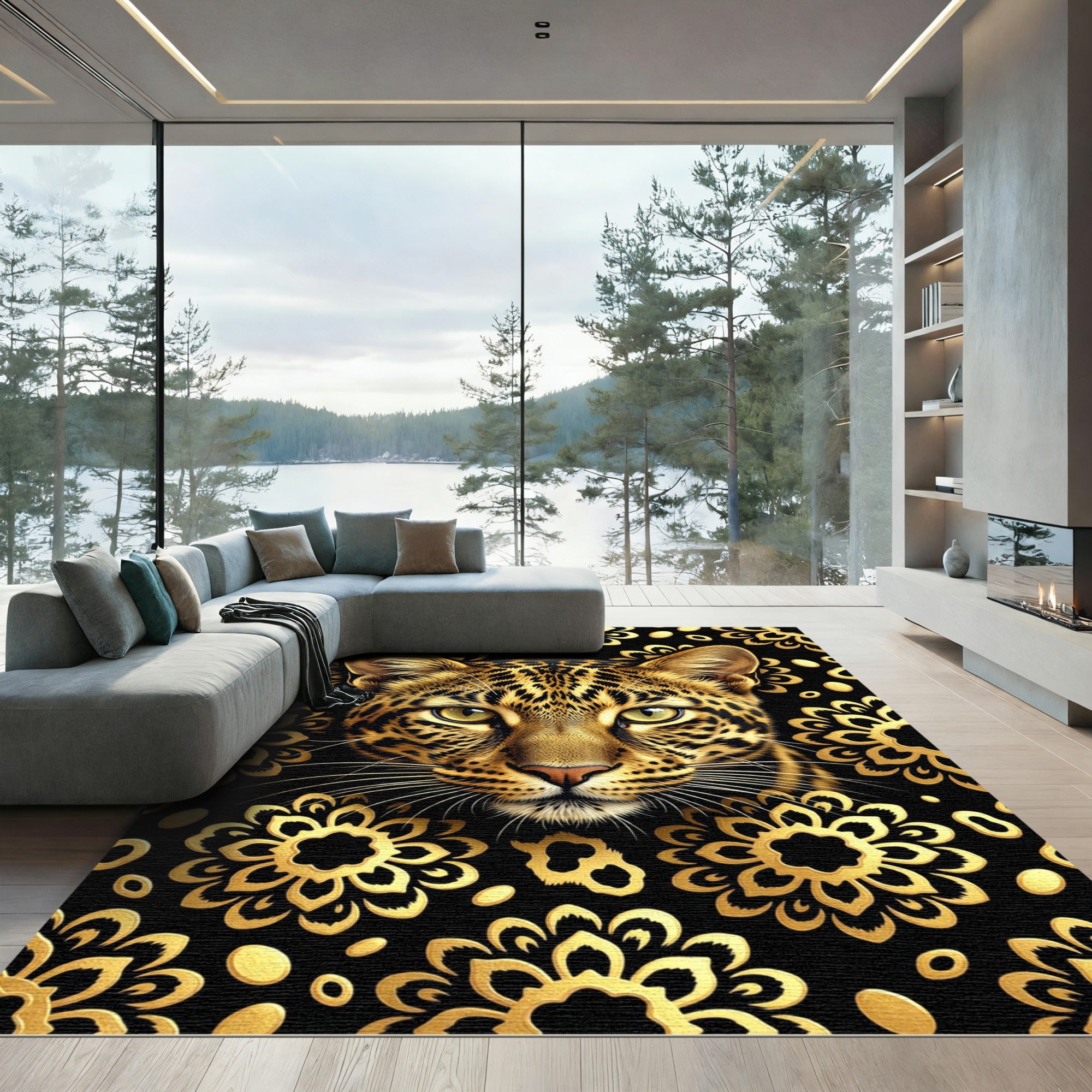 Golden Leopard Black Floral Medallion Rug