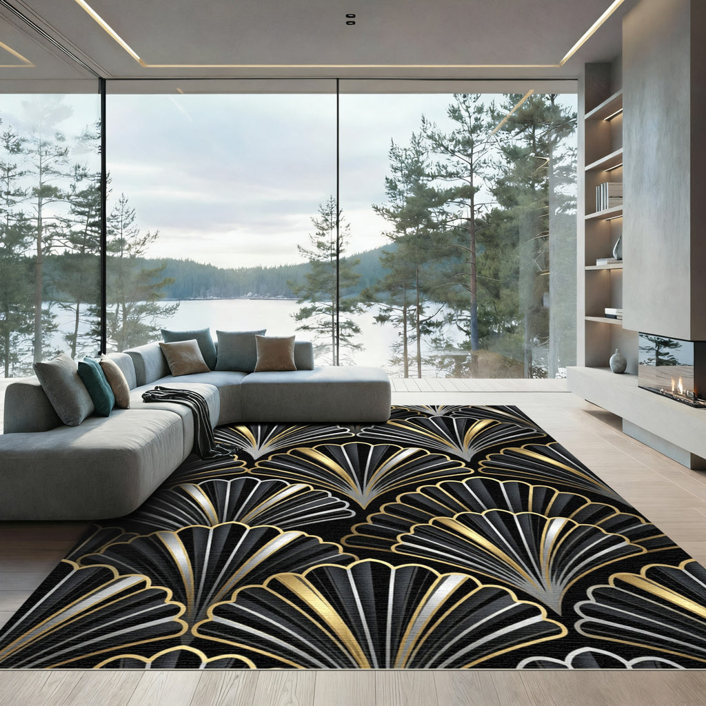 Art Deco Black Gold Silver Fan Rug