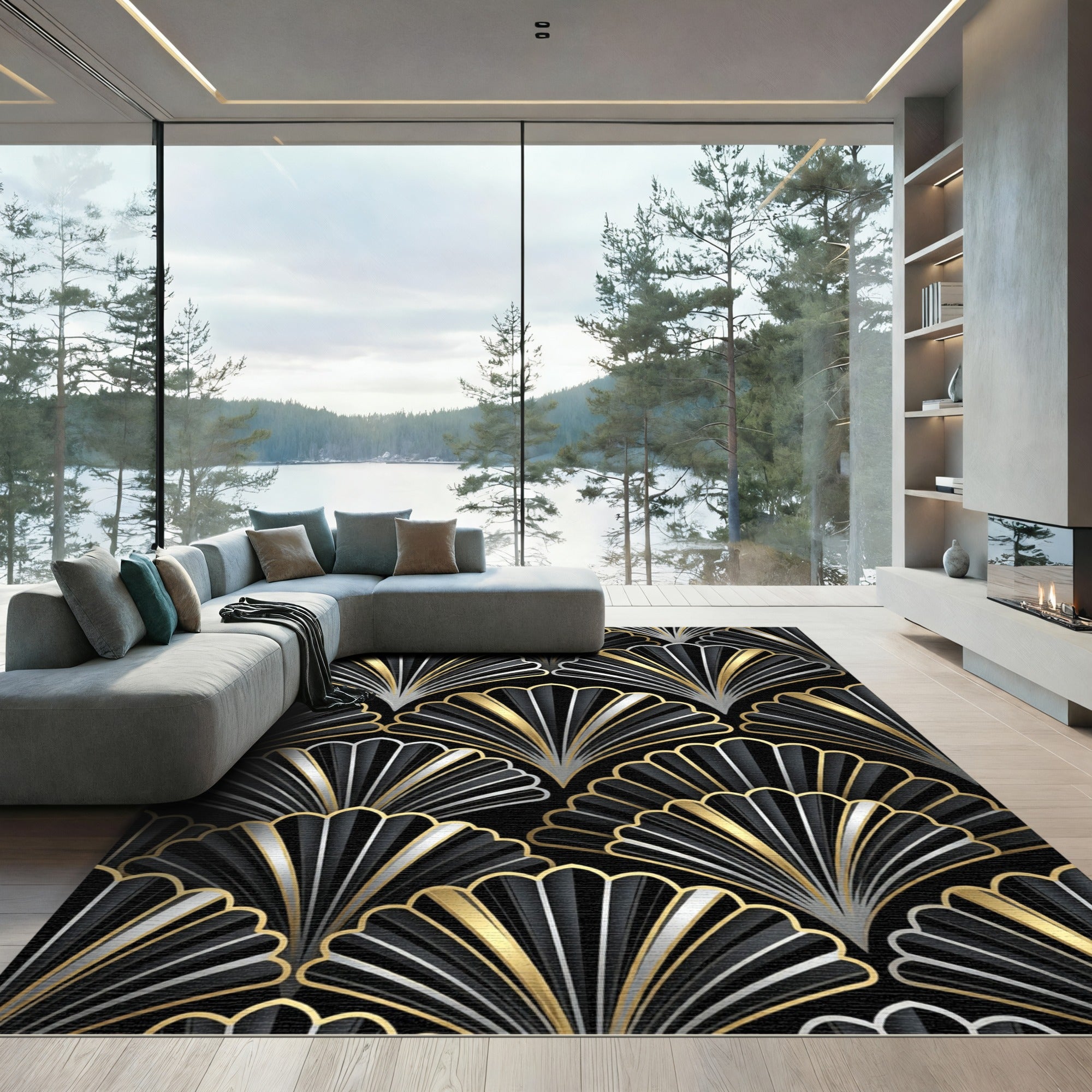 Art Deco Black Gold Silver Fan Rug