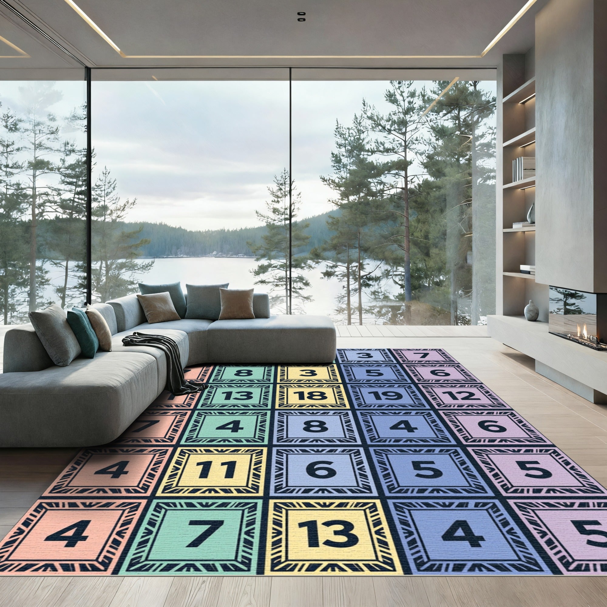 Multicolor Geometric Numbered Grid Square Rug