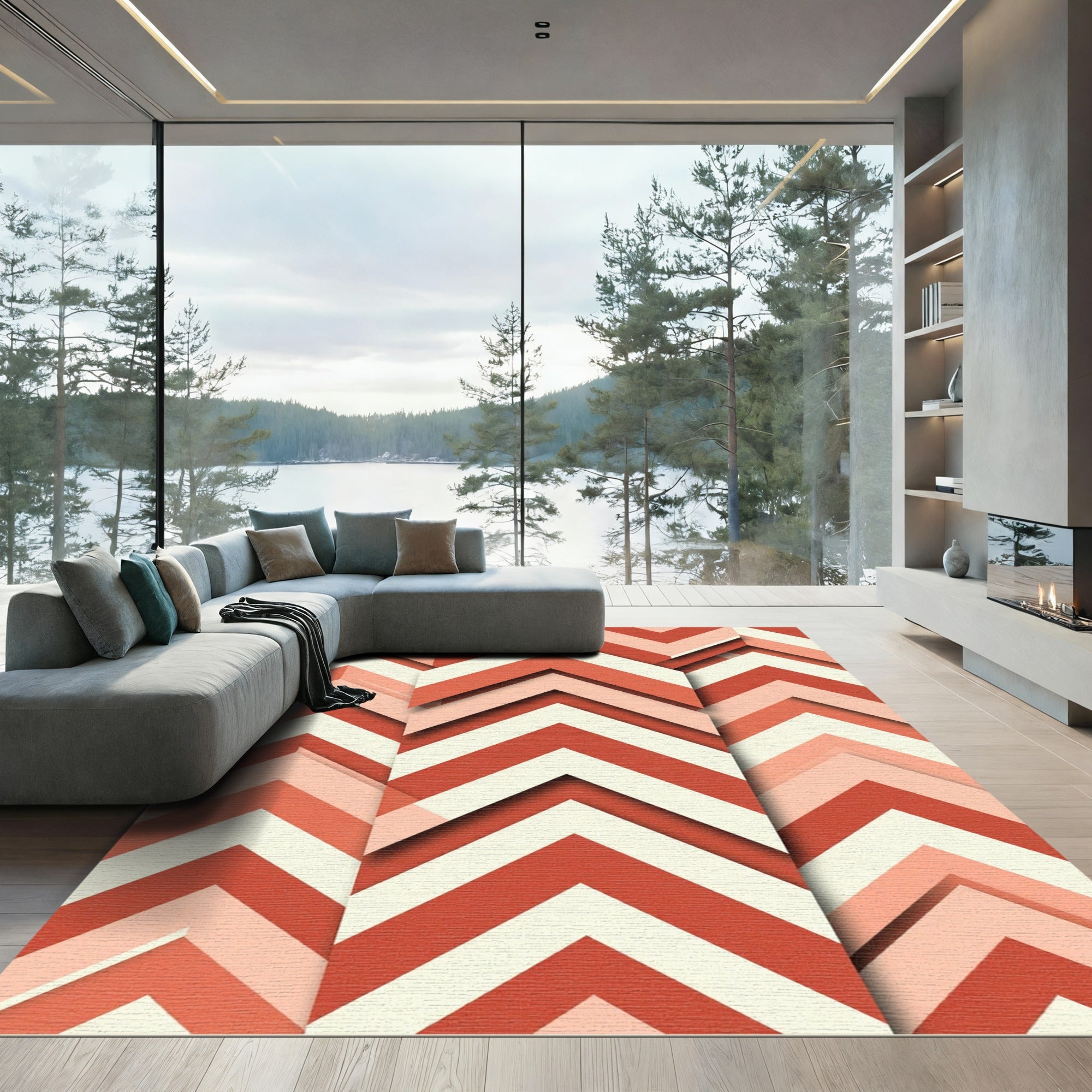 Coral Red Chevron Layered Rug