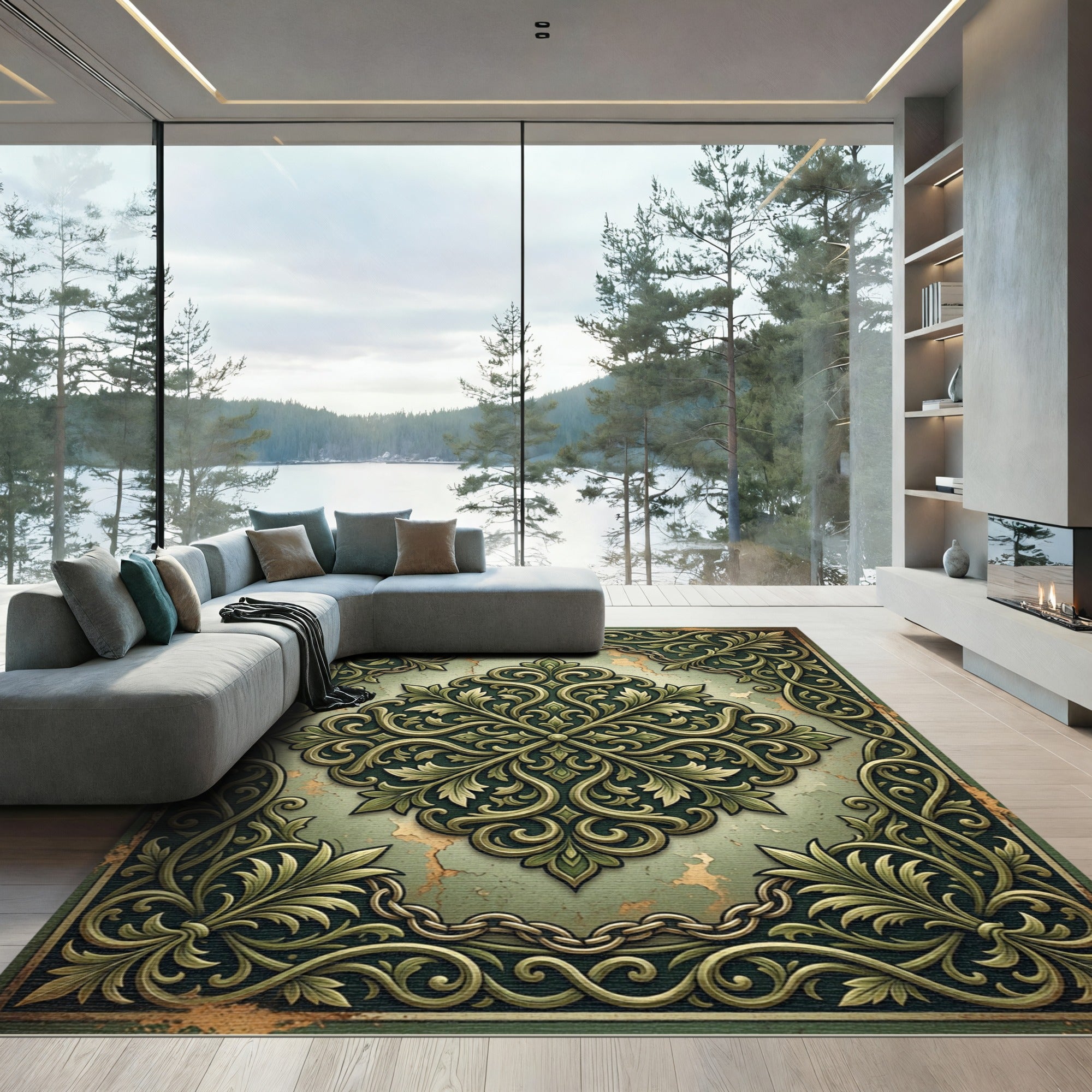 Ornate Sage Green Damask Filigree Rug