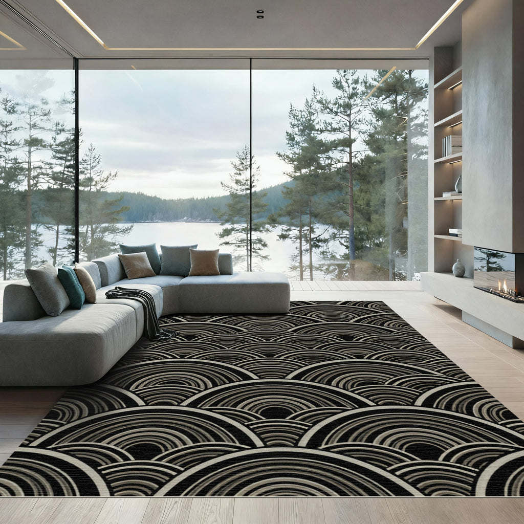 Monochrome Concentric Waves Composition Rug