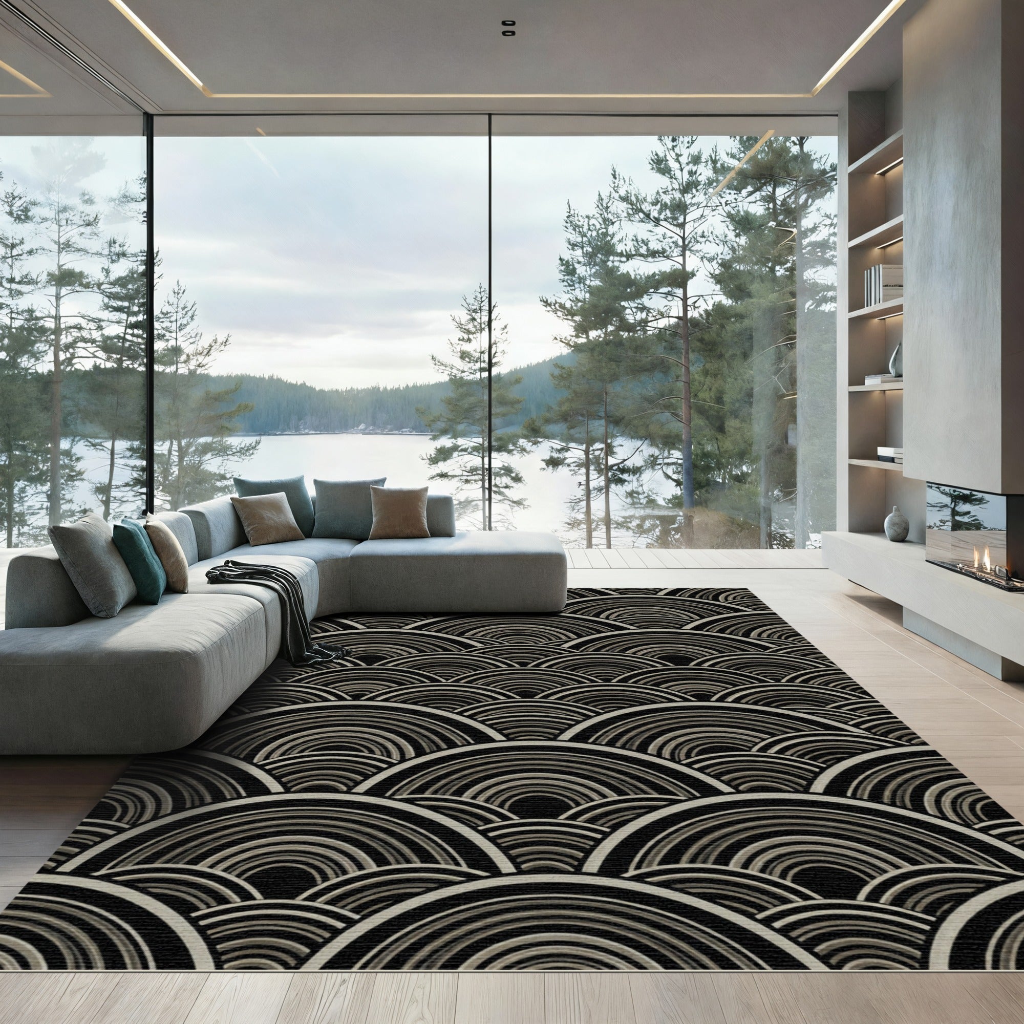 Monochrome Concentric Waves Composition Rug