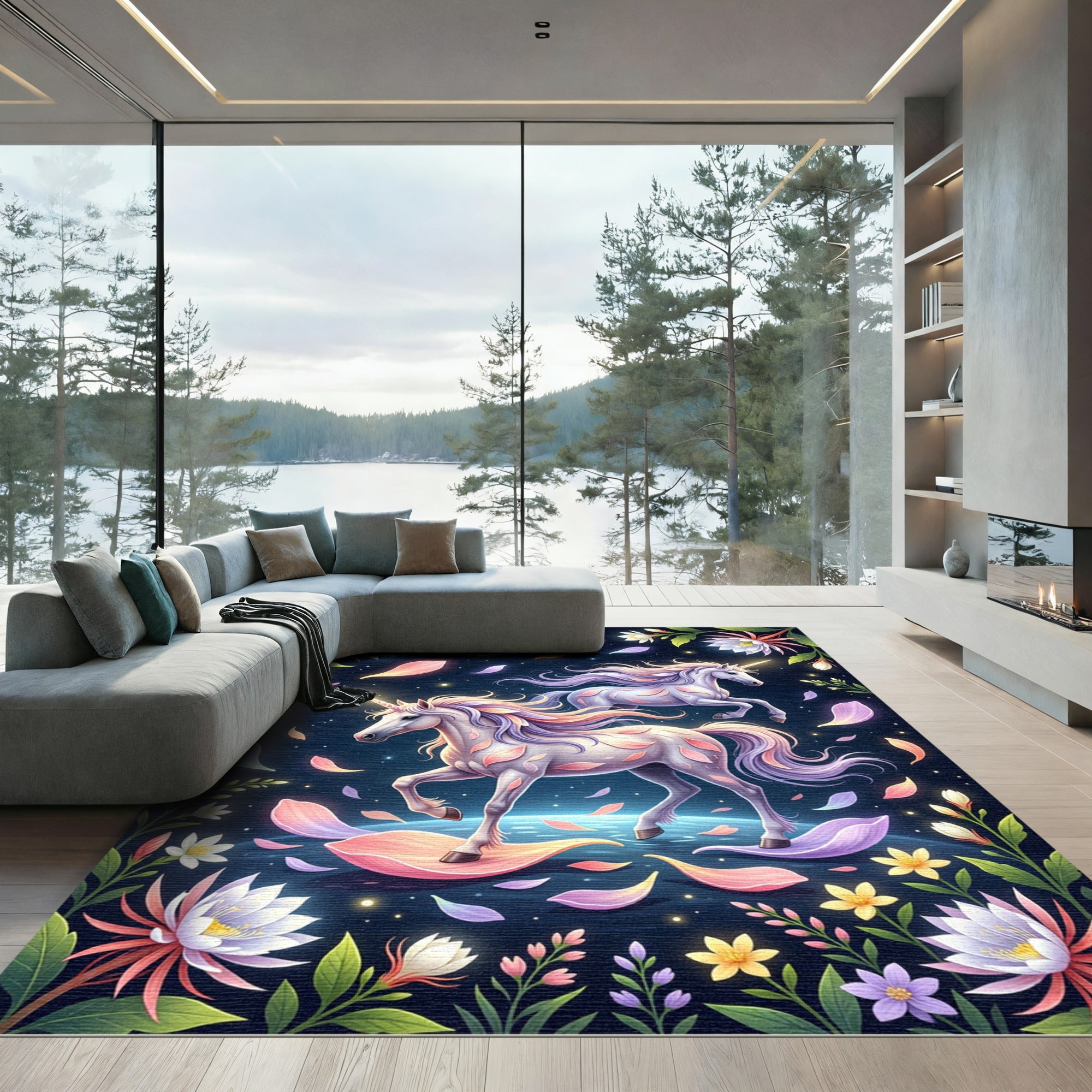 Celestial Unicorn and Petal Floral Meadow Rug