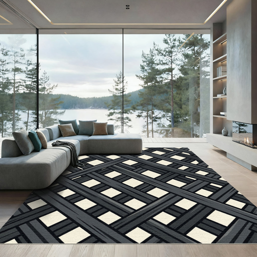 Charcoal Grey Intersecting Grid Weave Rug