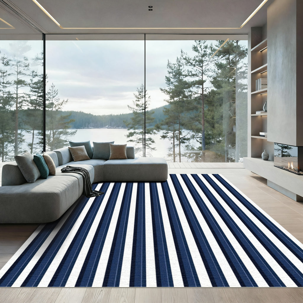 Classic Navy White Vertical Stripe Rug