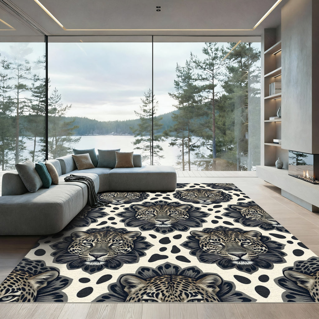 Leopard Head Floral Cream Black Art Rug