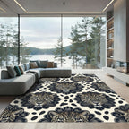 Leopard Head Floral Cream Black Art Rug