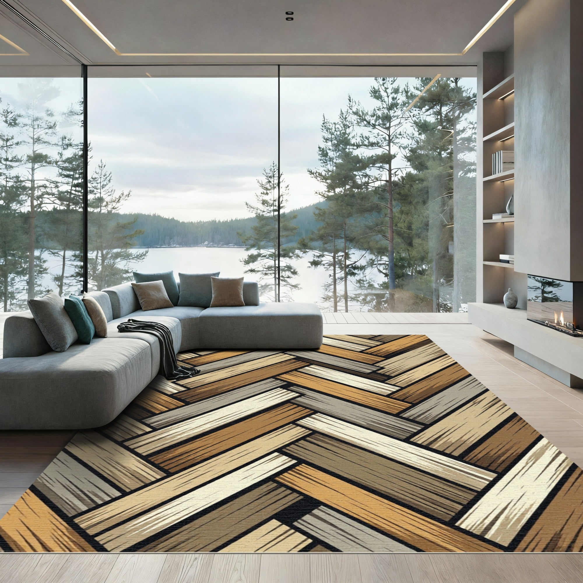 Earthy Herringbone Wood Grain Overlay Rug