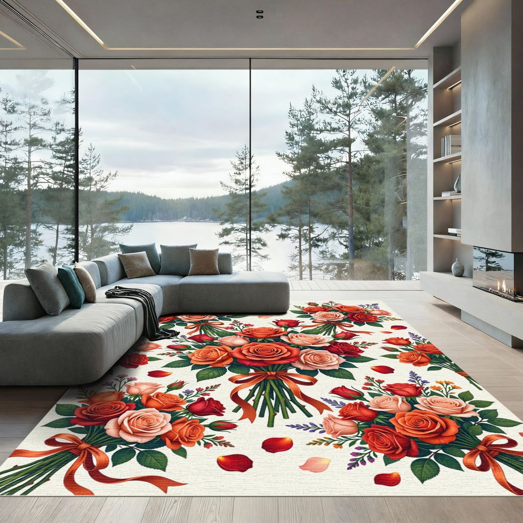 Romantic Coral Rose Bouquet Arrangement Rug