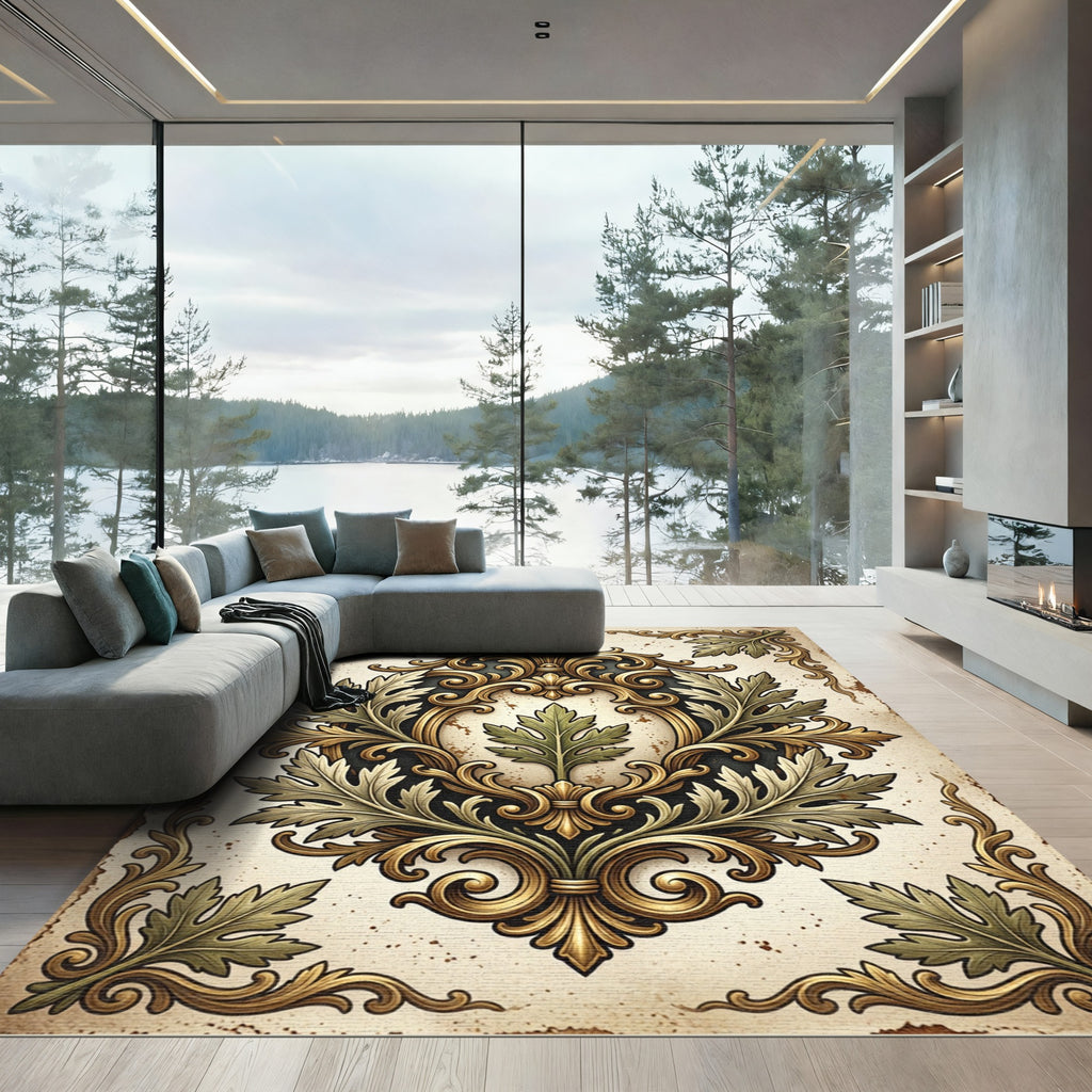 Ornate Golden Foliage Damask Scroll Rug