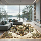 Ornate Golden Foliage Damask Scroll Rug