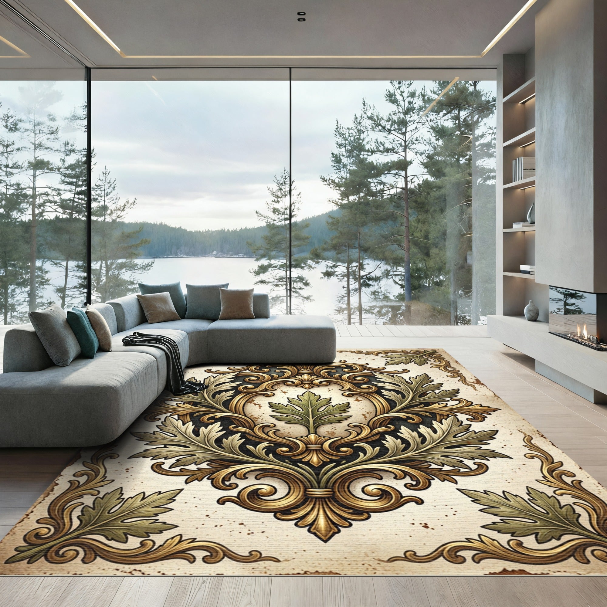 Ornate Golden Foliage Damask Scroll Rug