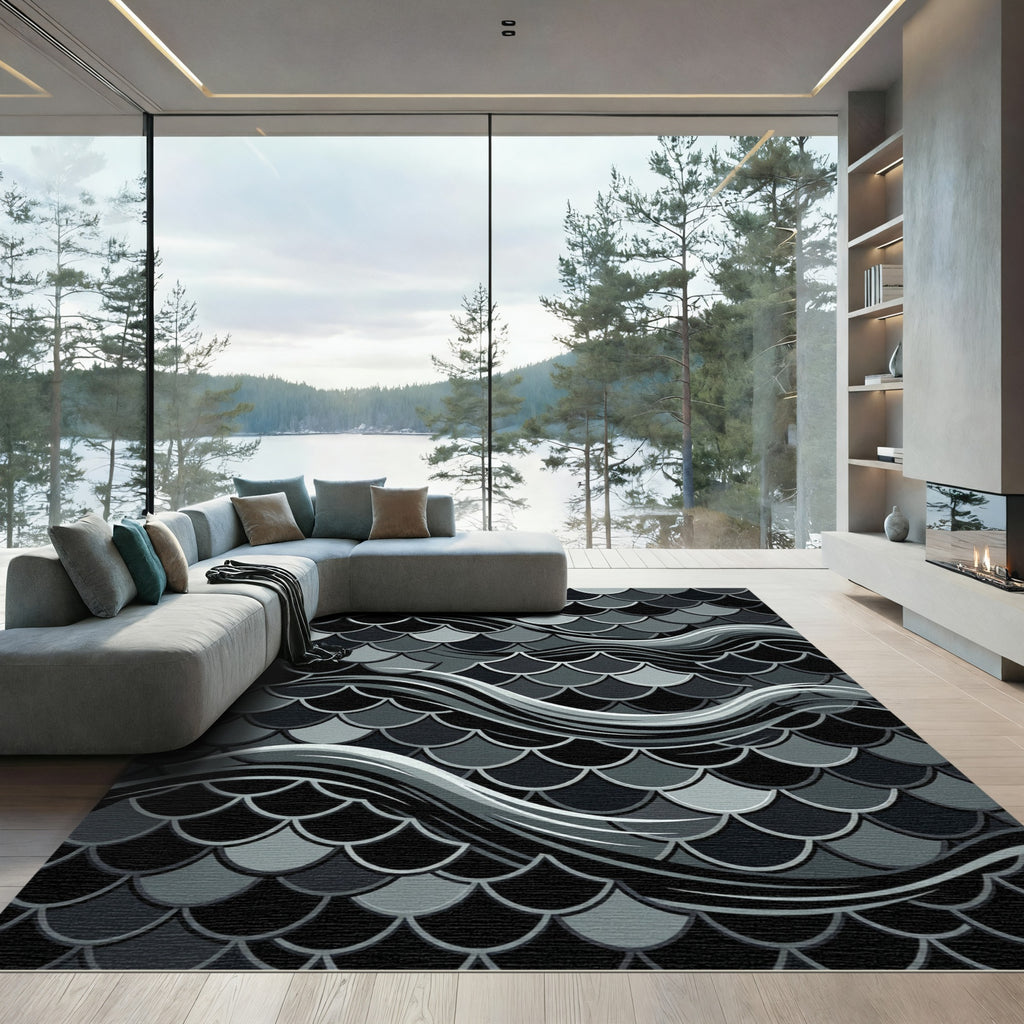 Dark Gray Scale Wave Composition Rug
