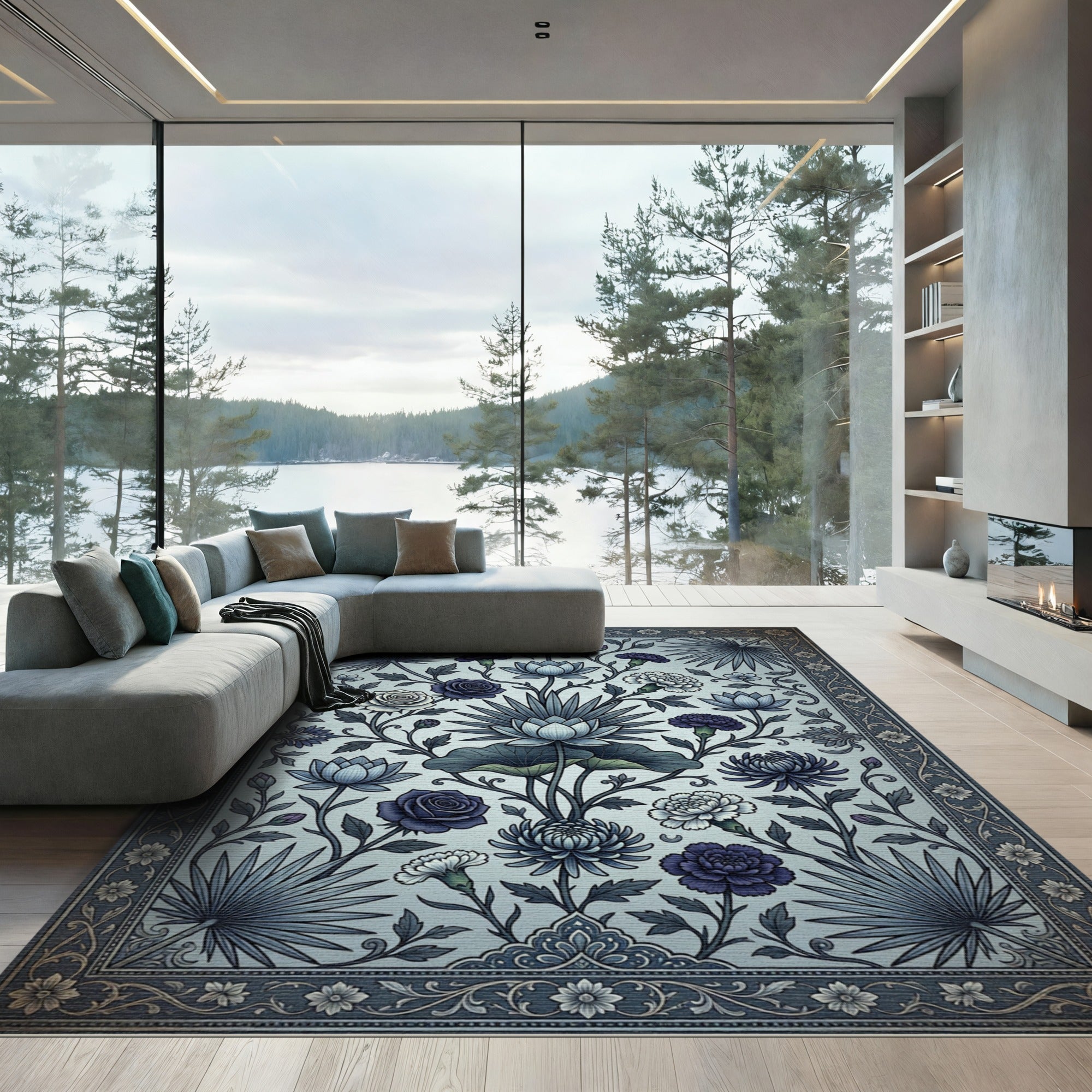 Elegant Blue Lotus Botanical Garden Rug